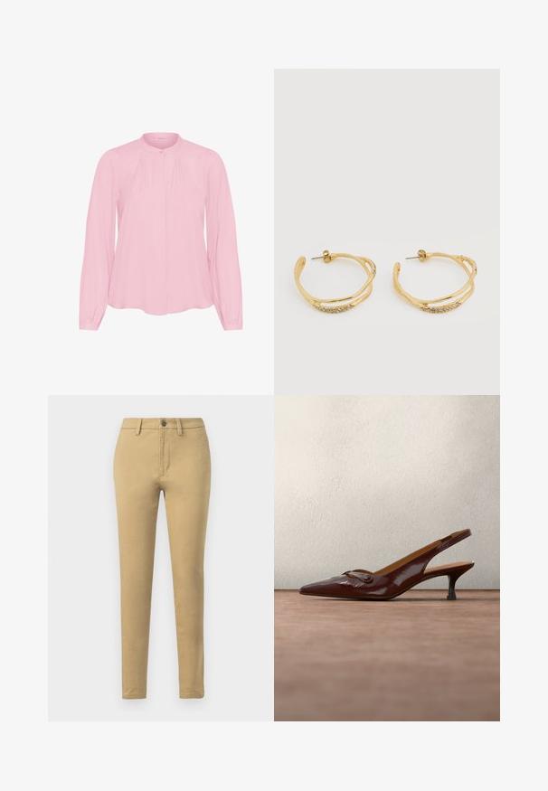 Lyserød langærmet bluse med rund krave, knaplukning foran og subtile plisseringer nær halsudskæringen, lavet af glat stof.; Khaki chinos lavet af en blanding af bomuldsstof, med slim fit, bæltestropper, frontlommer og en enkelt knaplukning.; Mørkebrune slingback-pumps i laklæder med spids tå, lav lille hæl og lille dekorativ spænde på overdelen.; Guld øreringe med snoet design og små indbyggede krystaller, vist på hvid baggrund.