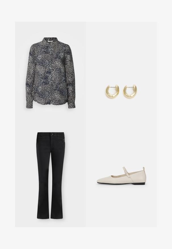 Námornícky blouse s predným zapínaním na gombíky, dlhými rukávmi a bodkovaným vzorom v panónskych odtieňoch. Vyrobené z hladkej látky s jemným leskom.; Čierne bootcut džínsy s predným gombíkom, zipsom, pútkami na opasok a prednými vreckami, položené na bielom pozadí.; Biele kožené baleríny s špicatou špičkou, remienkom okolo členka a nízkym čiernym opätkom. Hladká textúra s minimálnymi ozdobami.; Zlaté kruhové náušnice s hladkým, lesklým povrchom. S polkruhovým tvarom a bezpečným zapínaním na kolík.