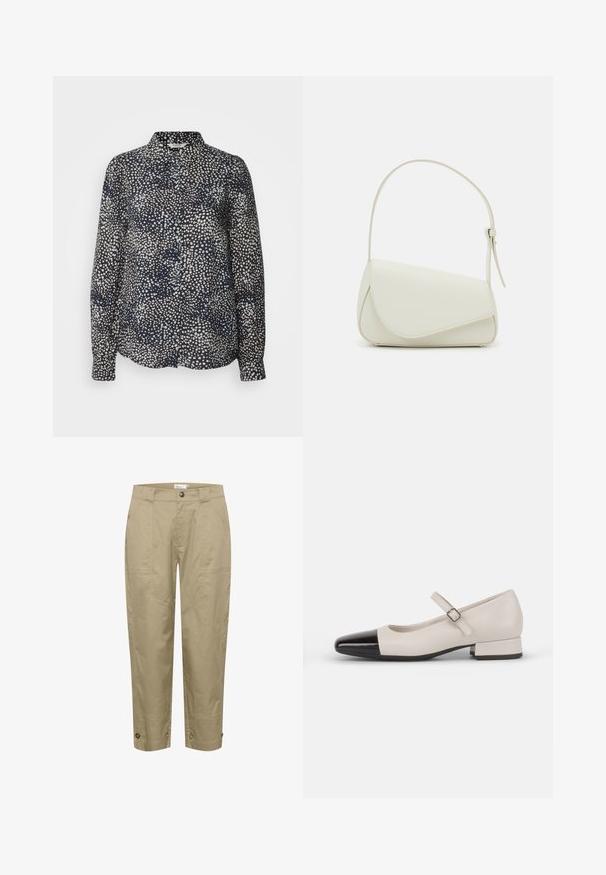 Námornícky blouse s predným zapínaním na gombíky, dlhými rukávmi a bodkovaným vzorom v panónskych odtieňoch. Vyrobené z hladkej látky s jemným leskom.; Khaki, ľahké nohavice so straight strihom, s bočnými vreckami a ozdobnými gombíkmi na leme pre nastaviteľné prispôsobenie a štýl.; Topánky v štýle Mary Jane z krémovej kože s čiernym lakovaným prstom. Majú okrúhlu špičku, členkový remienok so štvorcovou prackou a nízky blokový podpätok.; Biela kabelka z umelého kože so štruktúrovaným trojuholníkovým tvarom, jedným nastaviteľným popruhom a prekrytím so zakriveným akcentom.
