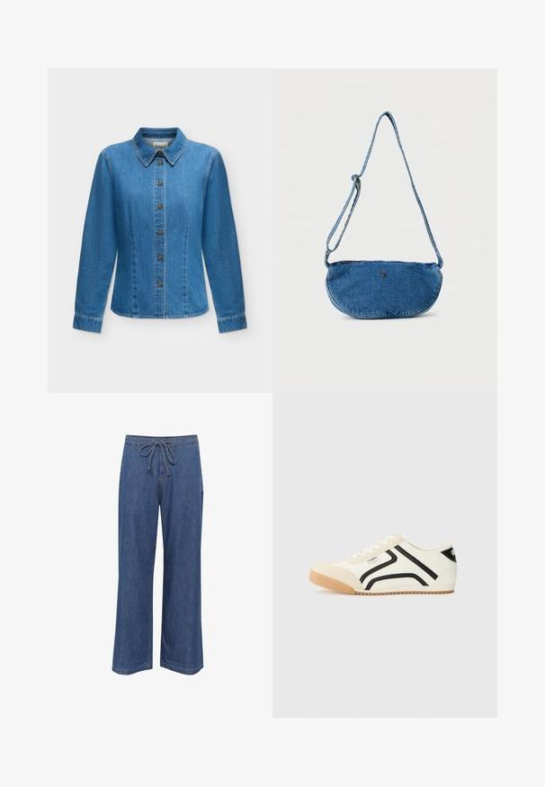 Blauw denim overhemd met lange mouwen, knoopsluiting aan de voorkant, puntige kraag en gestikte naden.; Denim wijde pijpen broek met een trekkoord in de taille, in een middelblauwe kleur, rechte snit en subtiele stikseldetails.; Witte canvas sneakers met zwarte accenten en strepen, ronde neus, rubberen zool en subtiele branding. Geweven stof met gladde overlays.; Blauwe denim crossbodytas met verstelbare riem en klein metalen logo aan de voorkant, weergegeven tegen een witte achtergrond.