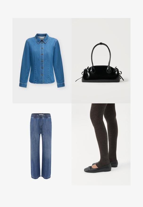 Blauw denim overhemd met lange mouwen, knoopsluiting aan de voorkant, puntige kraag en gestikte naden.; Blauwe denim broek met een elastische tailleband en trekkoord, met een relaxed fit en wijde pijpen, een gladde textuur en gestikte zomen.; Benen met donkere geribbelde leggings gecombineerd met zwarte ballerina's met kleine strikdetails op een witte achtergrond.; Kleine zwarte glanzende handtas met twee lange hengsels en zijkant trekkoord details op een effen lichte achtergrond.
