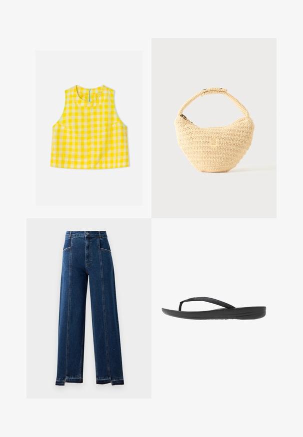 Mouwloze geel-wit geblokte cropped top met ronde hals en ritssluiting aan de achterkant, getoond op een witte achtergrond.; High-waisted, wide-leg jeans in donkerblauwe denim met voorzakken, contrasterende stitching en rafelige zoomdetails.; Zwarte flip-flop met een gestructureerde band, een gevoerde zool en een strak, minimalistisch ontwerp. Geschikt voor casual gebruik.; Beige geweven handtas met afgerond lichaam, ritssluiting en een korte, dikke band in een eenvoudige, gestructureerde haakstijl.