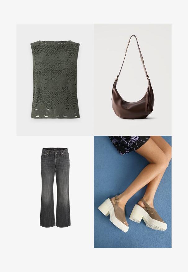 Top sin mangas verde hecho de encaje, con patrones florales y un escote con puntas. Texturizado con intrincados detalles de trabajo abierto.; Vaqueros negros descoloridos de pierna recta con botón frontal, trabillas para cinturón y diseño de cinco bolsillos.; Sandalias de plataforma de ante marrón con tacones gruesos blancos, que presentan una correa de tobillo ajustable y acentos dorados. Suela de goma texturizada para un buen agarre.; Bolso de hombro de cuero marrón con tachuelas doradas en la correa y cremallera con borla de cuero, mostrado sobre un fondo liso.