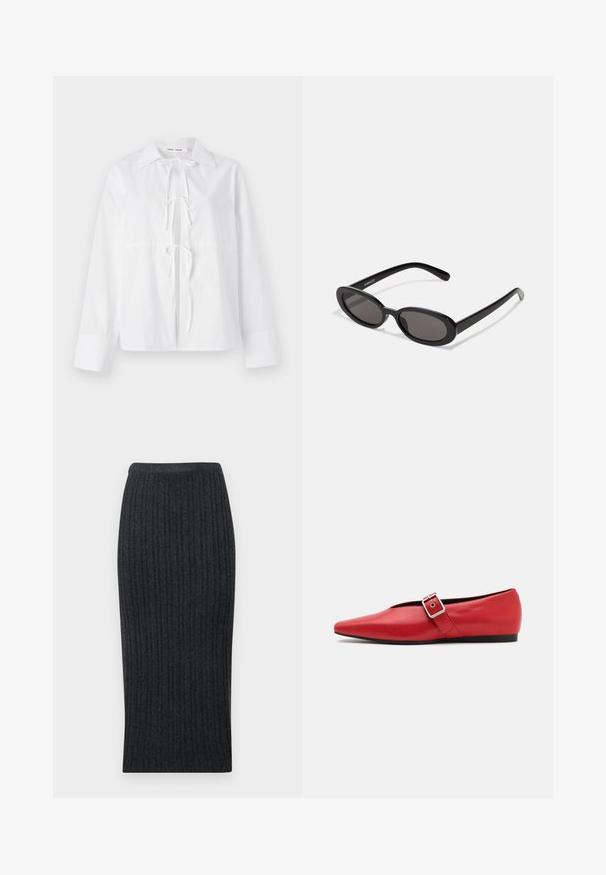 Camisa blanca de manga larga hecha de tejido suave, con cuello tipo botón, cierre frontal con lazo y mangas con puños. Diseño simple y limpio.; Falda midi de punto acanalado en gris oscuro con una silueta ajustada y cinturilla elástica. Presenta un canalé vertical para mayor textura.; Zapato plano de cuero rojo con punta afilada, que presenta una correa lateral con una hebilla de metal y un tacón bajo negro. Textura suave en toda su superficie.; Even&Odd by Zalando Gafas de sol - black