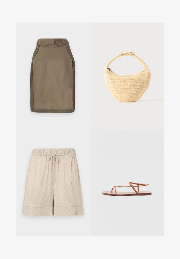 Ermeløs olivengrønn lin topp med flettet kant langs halsringningen, armåpninger og kant, knappe lukking bak i kragen.; Beige shorts laget av mykt stoff med elastisk midjebånd, snøring og diamantmønster. Har en oppbrettet kant.; Loeffler Randall LARA STRAPPY - Tåsandaler - timber; Beige vevd håndveske med avrundet form, glidelåslukking og en kort, tykk stropp i en enkel, teksturert heklet stil.