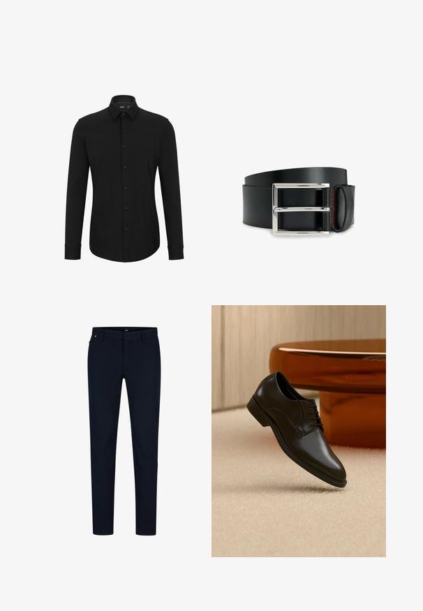 Sort langærmet skjorte lavet af struktureret stof, med knaplukning fortil, spidse kraver og buet kant.; Marinebukser lavet af glat stof, med en slim fit, bæltestropper og en skjult lynlås. Ingen bemærkelsesværdige mønstre eller accenter.; Sort poleret lædersko med snørebånd, svævende over beige tæppe, med et rundt orange-brunt glansfuldt bord i baggrunden.; Sort læderbælte med en sølvfarvet rektangulær spænde, der har røde syninger. Glat tekstur med et klassisk design og solidt hardware.