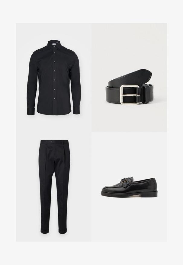 Schwarze Langarm-Button-Up-Bluse mit klassischem Kragen. Hergestellt aus glattem Stoff, verfügt über Vorderknöpfe und abgerundete Manschetten.; Schwarze Hosen aus einem glatten Stoff, mit einem Faltenwurf vorne, einem Knopfverschluss und umgeschlagenen Säumen am Knöchel.; Schwarze Leder-Lederschuhe mit abgerundeter Zehenpartie und dekorativem Schnallenakzent. Flacher, solider Absatz und durchgehend glatte Oberfläche.; Schwarzer Ledergürtel mit glatter Textur, silberner Metallschnalle und einem klaren, einfachen Design. Verfügt über Löcher für eine verstellbare Passform.