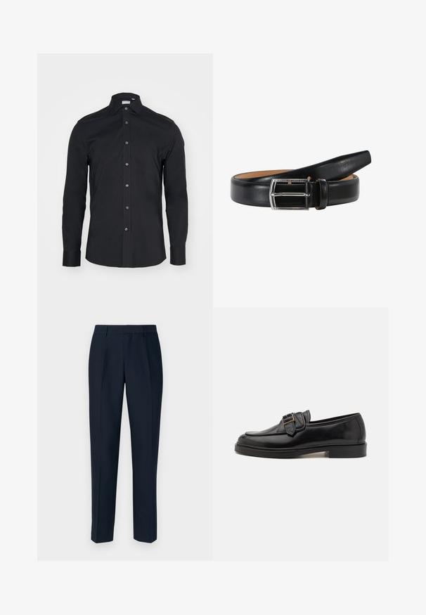 Chemise noire à manches longues avec un col classique. Fabriquée en tissu lisse, elle présente des boutons sur le devant et des poignets arrondis.; Pantalons ajustés bleu marine à coupe droite, avec des plis à l'avant, une texture lisse et des passants de ceinture standard.; Mocassins en cuir noir avec un bout arrondi et une boucle décorative. Talon plat, solide et texture lisse sur l'ensemble.; Belt en cuir noir avec une texture lisse, doté d'une boucle rectangulaire en argent et d'une doublure intérieure beige. L'extrémité est effilée pour un aspect élégant.