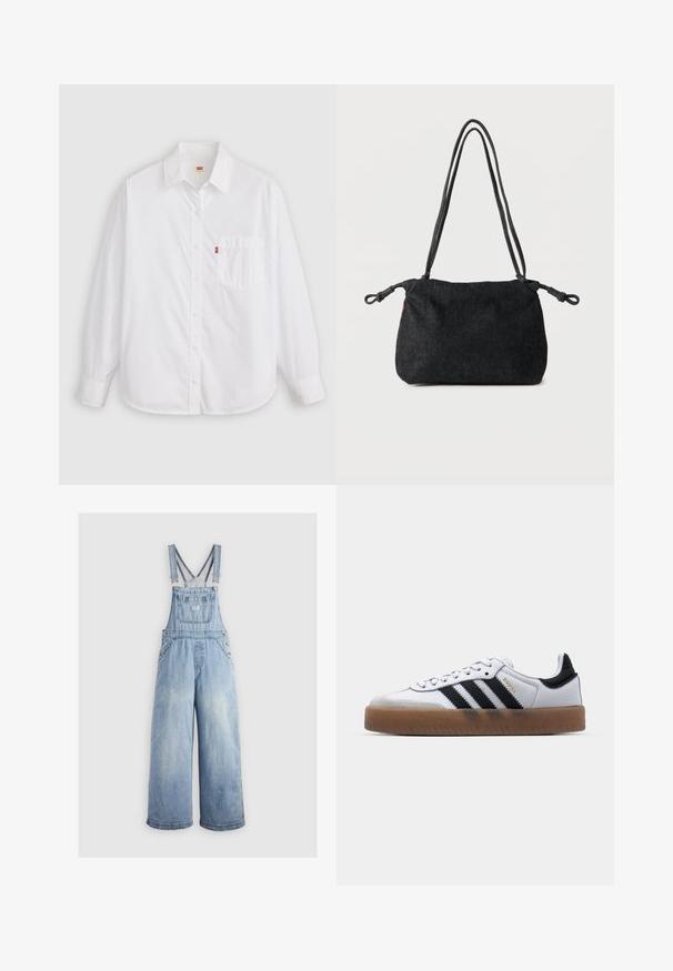 Witte langslavende overhemd van katoen. Bevat een kraag, een voorzak, een afgeronde zoom en een klein rood logotag nabij de zak.; Lichtblauwe denim overall met wide benen, verstelbare schouderbanden, een voorzak en metalen knopen aan de zijkanten. Klassieke stijl met een ontspannen pasvorm.; Witte leren sneakers met zwarte strepen, gumrubberen buitenzool, ronde neus, vetersluiting en een zachte grijze suède neuskap.; Zwarte denim schoudertas met dubbele koordbandjes en geknoopte uiteinden aan beide zijden, afgebeeld tegen een effen witte achtergrond.