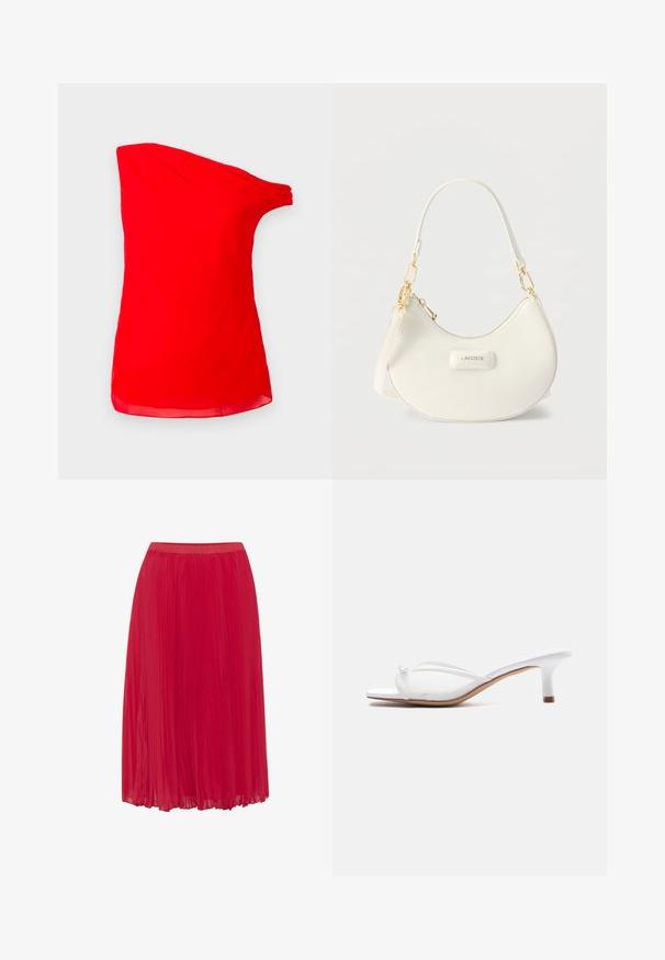 Lys rød en-skulder udenærmet bluse med en draperet halsudskæring og asymmetrisk design mod en ensfarvet baggrund.; Rød plisseret nederdel i et glat, let materiale. Har en elastisk talje og et flydende design for nem bevægelse.; Hvid slip-on sandal med lav kitten-hæl og gennemsigtigt overlæder med en lille knyttet detalje forrest.; Hvid skuldertaske formet som en halvmåne med guldfarvet metalhardware, lynlås og "LACOSTE"-logo på frontpanelet.