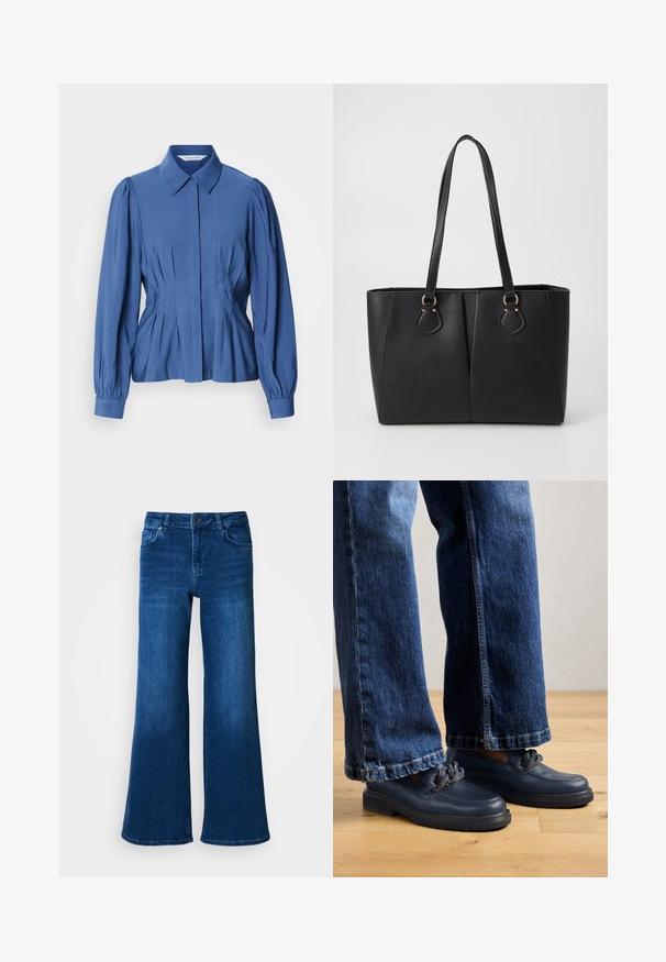 Blaues Langarmbluse mit strukturiertem Kragen, gefältelten Details an der Taille und gerafften Ärmeln, aus glattem Stoff.; Blaue Denim-Jeans mit weitem Bein und hohem Bund, ausgestattet mit fünf Taschen, Knopf- und Reißverschluss und einer glatten, gleichmäßigen Textur.; Dunkelblaue Leder Schuhe mit einer massiven Sohle und Kettendetails auf dem Obermaterial, kombiniert mit lockeren, dunkelblauen Jeans.; Schwarze Handtasche aus Kunstleder mit strukturierter Oberfläche, zwei langen Tragegriffen und goldfarbenen Hardware-Details an der Seite. Rechteckige Form.