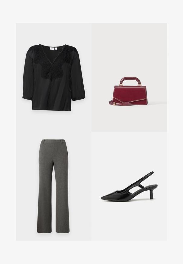 Sort bluse med V-hals, med detaljeret sort blonder ved halsen og trekvartærmer med elastiske manchetter.; Grå lige ben bukser med et struktureret stof, der har en flad front, bæltestropper og sidelommer. Minimalistisk design med en ren finish.; Sorte slingback hæle med spidse tæer, lavet af blankt materiale, med udskæringsdetaljer og en moderat hæl for støtte.; Lille blank bordeaux håndtaske med topgreb og aftagelig skulderrem, vist mod en ensfarvet lys baggrund.