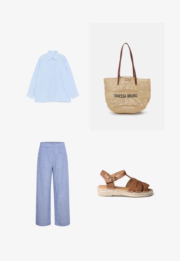 Camisa azul claro de manga larga con botones, con cuello puntiagudo y puños abotonados, colocada plana sobre un fondo blanco.; Pantalones de pierna ancha de rayas en azul claro con cintura elástica. Hechos de una tela transpirable, presentan una textura suave y lisa y un corte casual.; Sandal de cuero marrón con suela de cuerda trenzada, que presenta un diseño de tiras, hebilla ajustable en el tobillo y textura suave.; Vanessa Bruno PANIER - Bolso shopping - sable/noir