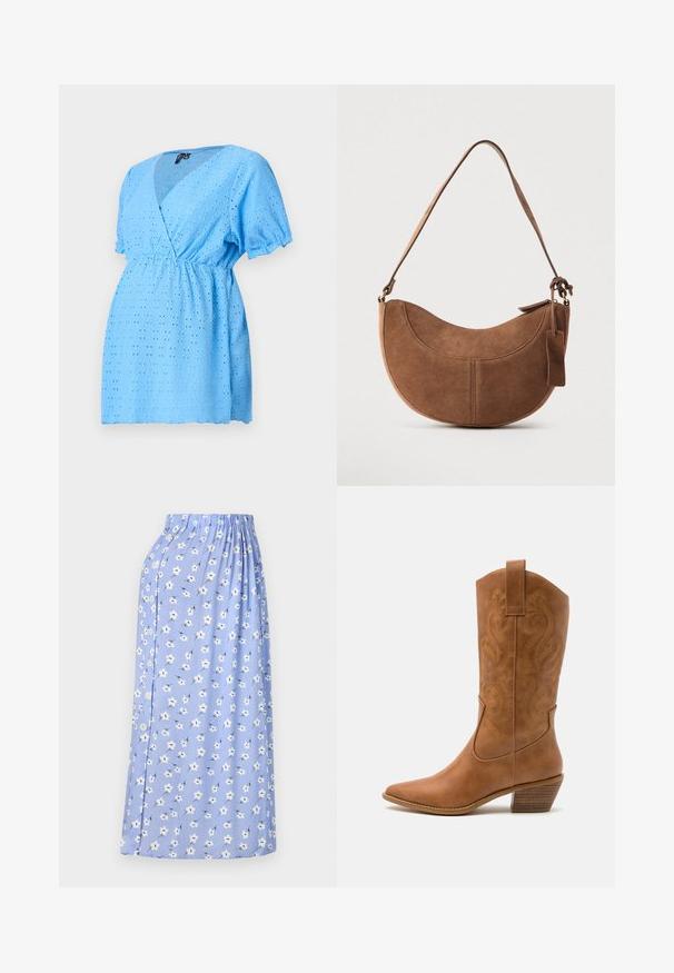 Lichtblauw, kort mouwen blouse met een V-hals, gemaakt van oogjesstof met kleine uitsparingen en een elastische taille.; Blauwe midi-rok met wit bloemenpatroon, elastische tailleband, zijsclosure met knopen en zachte stof voor een lichte ervaring.; Tan leren cowboylaars met puntige neus, geborduurde spiraalpatronen op de schacht en een gestapelde blokhak. Voorzien van een trekband voor gemakkelijke aan- en uittrekken.; Bruine suède handtas met een gebogen, halve maanvorm. Voorzien van een schouderriem, een klein label en zichtbare stiksels langs de randen.