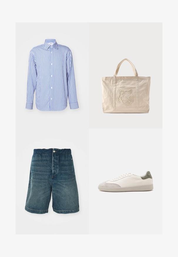 Camisa de rayas azul y blanca, con cuello, mangas largas, cierre de botones, tela suave, presenta puños abotonados y rayas verticales dispuestas de manera uniforme.; Pantalones cortos de mezclilla en azul oscuro con un ajuste holgado, que cuentan con un cierre de botón y costuras visibles a lo largo del dobladillo y los bolsillos.; Zapatilla blanca de caña baja con detalles de ante gris claro en la puntera y el talón, cordones blancos y una suela plana beige, vista desde el lado exterior.; Bolsa tote de lona beige con asas dobles y un diseño en relieve de la cabeza de un lobo en el bolsillo frontal.