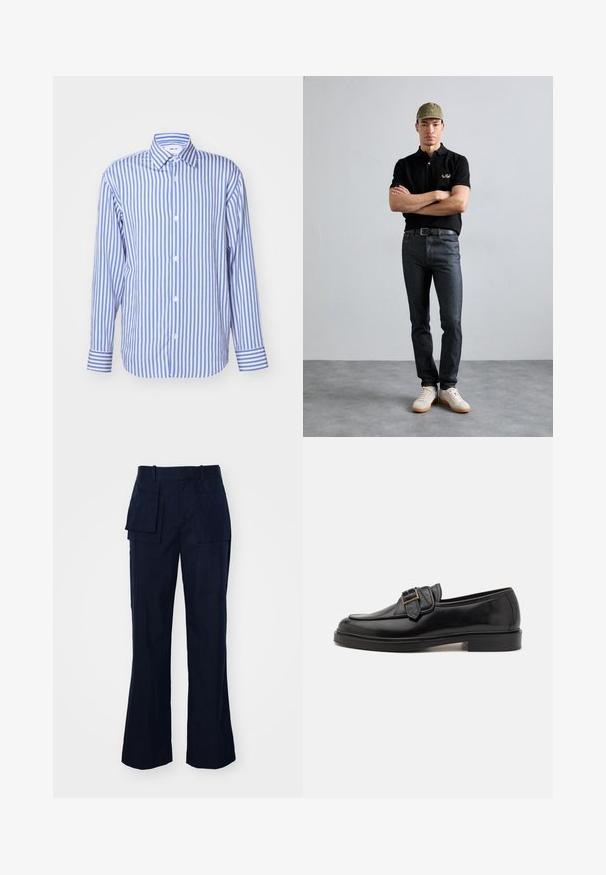 Chemise rayée bleue et blanche, col, manches longues, fermeture à boutons, tissu doux, avec des poignets à boutons et des rayures verticales uniformément espacées.; Pantalons cargo bleu marine avec une coupe droite, dotés de plusieurs grandes poches, d'une taille plate et d'un tissu lisse et texturé.; Mocassins en cuir noir avec un bout arrondi et une boucle décorative. Talon plat, solide et texture lisse sur l'ensemble.; T-shirt polo noir avec logo doré, jeans en denim foncé et chaussures claires. Casquette olive avec logo. Modèle se tient les bras croisés contre un fond texturé.