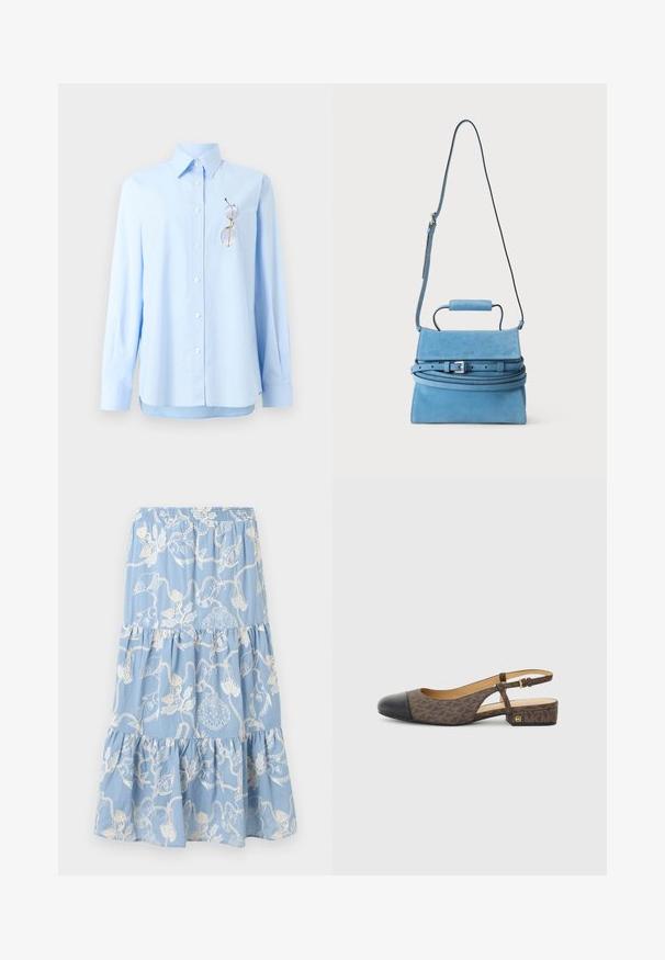 Chemise bleu clair à manches longues avec col et poche contenant une paire de lunettes à monture dorée, présentée sur un fond blanc.; Jupe bleu clair à volants avec broderie blanche sur le thème de la mer, comprenant des coquillages, des poissons et des cordages, taille élastique et couches de tissu froncées.; Chaussure slingback avec une tige en tissu à motifs marron et un bout en cuir noir. Elle présente un petit talon bloc et une sangle à boucle.; Sac à main en daim bleu avec poignée supérieure, bandoulière longue réglable et détail boucle argentée sur la fermeture à rabat.