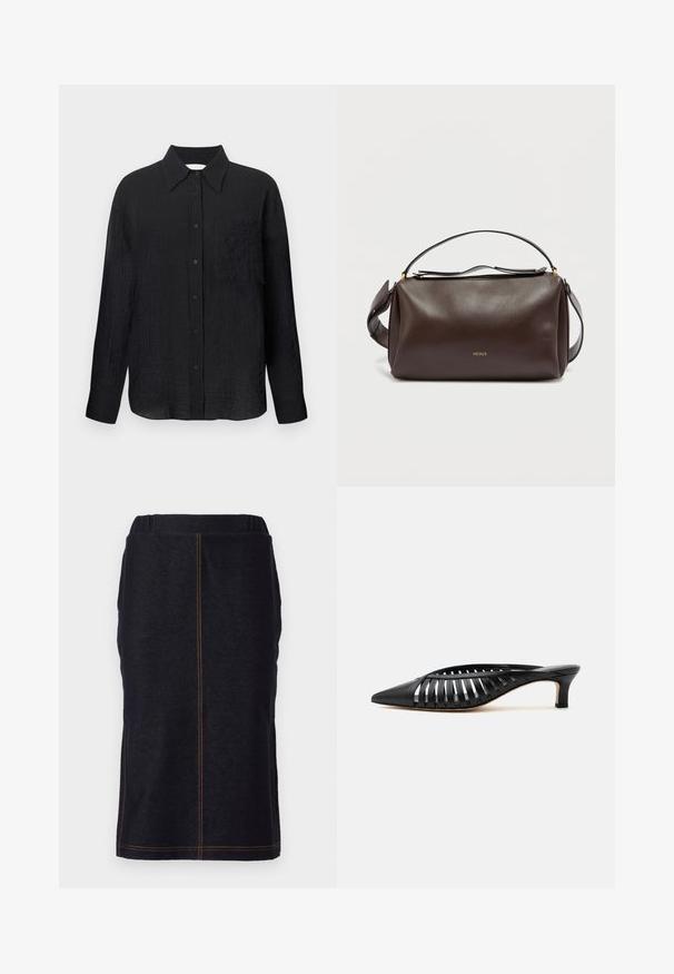 Sort skjorte med knapper, tekstureret mønster, spids krave, lange ærmer og brystlomme. Fremstillet af lette materialer.; Denim blyantnederdel i mørkeblå med lige snit og sideslidser, med kontrastfarvet orange syninger langs sømmene. Elastisk talje for komfort.; Sort læder mule med spids snude, stropdetalje og lav kittenhælk på hvid baggrund.; Brun skuldertaske i læder med et struktureret design, der har et gyldent logo, en lynlåslukning øverst og en aftagelig rem. Glat tekstur.