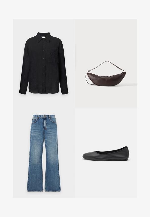 Schwarze Hemd mit Knopfleiste, strukturiertem Muster, spitzem Kragen, langen Ärmeln und einer Brusttasche. Hergestellt aus leichtem Material.; Helle blaue Jeans mit hoher Taille, weitem, ausladendem Bein und klassischem Fünf-Taschen-Design. Ausgewaschene Textur mit sichtbaren Nähdetails.; Schwarze Leder-Ballettschuhe mit abgerundeter Spitze, glatter Textur, minimalen Nähdetails und einem flexiblen Sohlen-Design.; Dunkelbraune Leder-Schultertasche in Halbmondform mit gebogenem Riemen und sichtbarer Naht auf schlichtem Hintergrund.