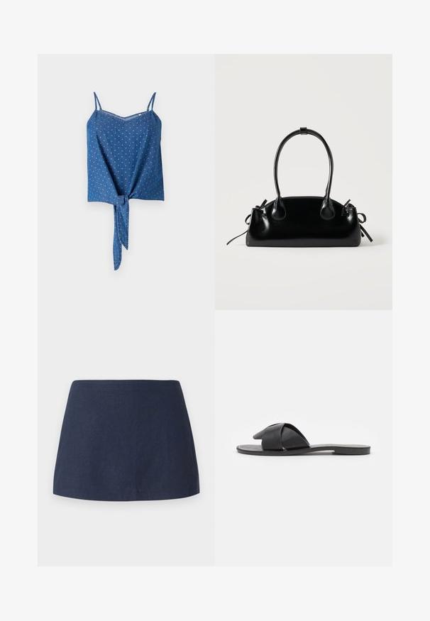 Top de denim azul con tirantes de espagueti ajustables, tejido texturizado, escote en V y detalle de nudo en la parte delantera. Presenta un sutil patrón de puntos.; Falda corta en línea A de color azul oscuro, hecha de una tela texturizada y ligera, con una cintura suave y sin patrones ni adornos.; Sandalia negra sin hebillas con tiras cruzadas. Fabricada en cuero suave con una suela plana y costuras mínimas. Diseño simple de punta abierta.; Pequeño bolso negro brillante con dos asas largas y detalles de cordón lateral sobre un fondo claro liso.
