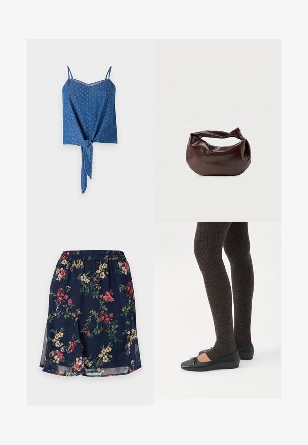 Haut en denim bleu avec des bretelles spaghetti ajustables, en tissu texturé, décolleté en V et détail de devant noué. Présente un motif à pois discret.; Jupe florale avec une taille élastique, présentant un fond marine orné de motifs floraux rouges, jaunes et verts. Tissu léger.; Jambes portant des leggings côtelés foncés associés à des ballerines noires avec de petits détails en nœud sur fond blanc.; Sac bandoulière en cuir marron foncé avec une forme souple et décontractée et une anse nouée torsadée sur un fond blanc uni.