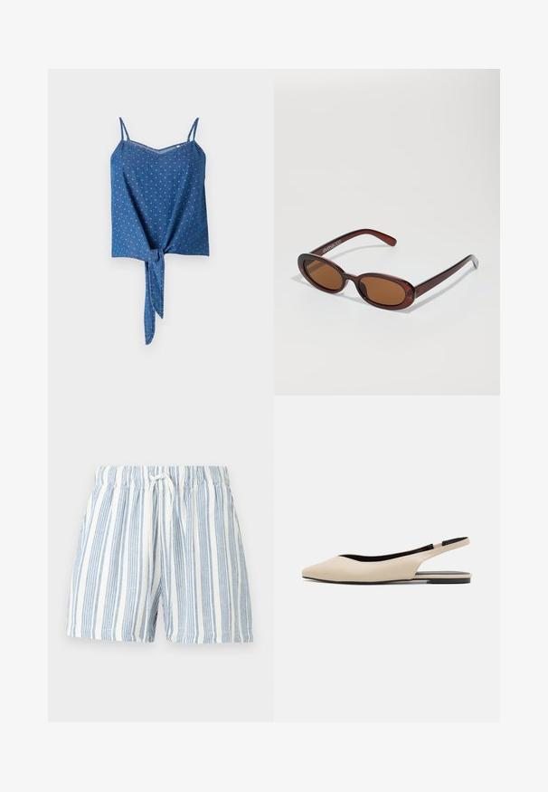 Blauwe denim top met verstelbare spaghettibandjes, textuurstof, een V-halslijn en een gestrikt voorpaneel. Heeft een subtiel gestippeld patroon.; Witte korte broek met verticale lichtblauwe strepen, elastische tailleband en witte aantrekkoord aan de voorkant in het midden.; Beige leren slingback ballerina's met een spitse neus, minimalistisch ontwerp, gladde textuur en een lage zwarte zool.; Ronde, bruin getinte zonnebril met een glanzend bordeauxrood frame. Slanke pootjes met subtiele merkdetails. Vlakke lensontwerp.