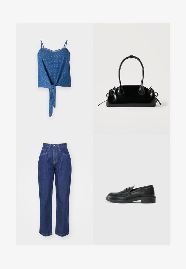 Top de denim azul con tirantes de espagueti ajustables, tejido texturizado, escote en V y detalle de nudo en la parte delantera. Presenta un sutil patrón de puntos.; Jeans de mezclilla azul oscuro con cintura alta, pierna recta, cinco bolsillos y costuras en contraste. Diseño clásico con una textura suave.; Mocasines de cuero negro con punta redondeada, detalles de costura y un pequeño tacón. Textura suave y suela de goma flexible.; Pequeño bolso negro brillante con dos asas largas y detalles de cordón lateral sobre un fondo claro liso.
