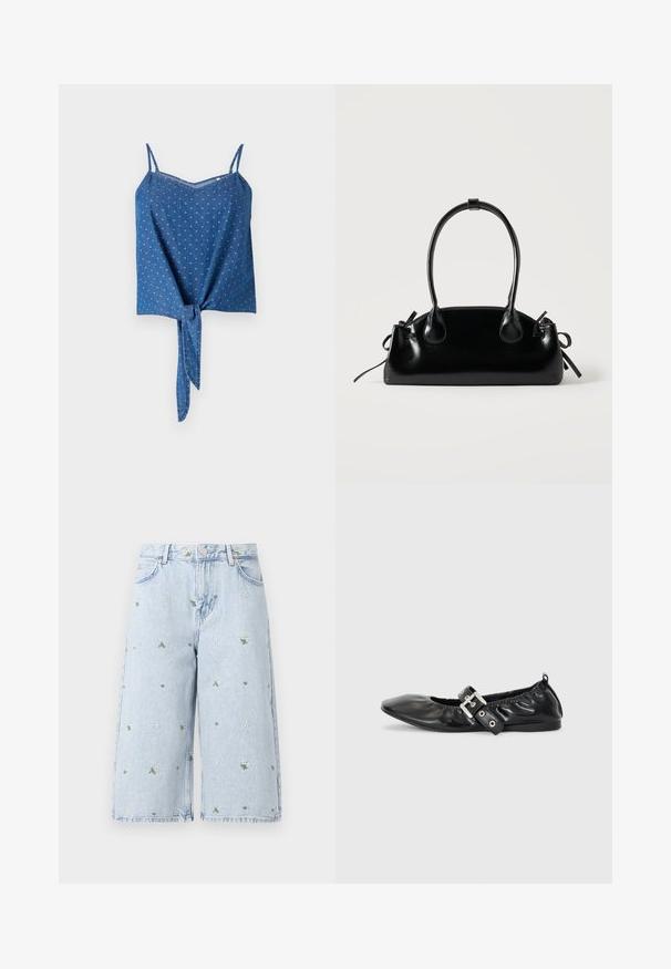 Blå denimtop med justerbare spaghettistropper, tekstureret stof, V-udskæring og en bundet detalje foran. Har et subtilt prikket mønster.; Lysvasket denimshorts med blomsterbroderi, der inkluderer margueritter og grønne blade. Klassisk fem-lomme design og en frynset kant.; Sorte læder flade sko med spids tå, samling detaljer omkring åbningen, og en sølv spænde accent på den justerbare rem.; Lille sort blank håndtaske med to lange håndtag og snøre-detaljer i siden på en ensfarvet lys baggrund.