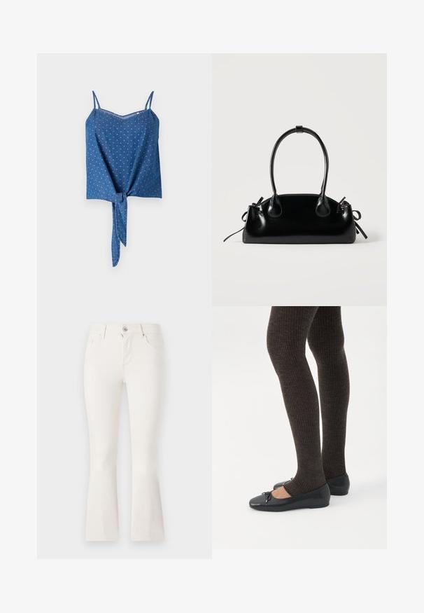 Haut en denim bleu avec des bretelles spaghetti ajustables, en tissu texturé, décolleté en V et détail de devant noué. Présente un motif à pois discret.; Jean blanc évasé en denim avec une taille ajustée, cinq poches et une fermeture éclair à l'avant. Texture lisse et design épuré.; Jambes portant des leggings côtelés foncés associés à des ballerines noires avec de petits détails en nœud sur fond blanc.; Petit sac à main noir brillant avec deux longues anses et des détails à cordon sur les côtés sur un fond clair uni.