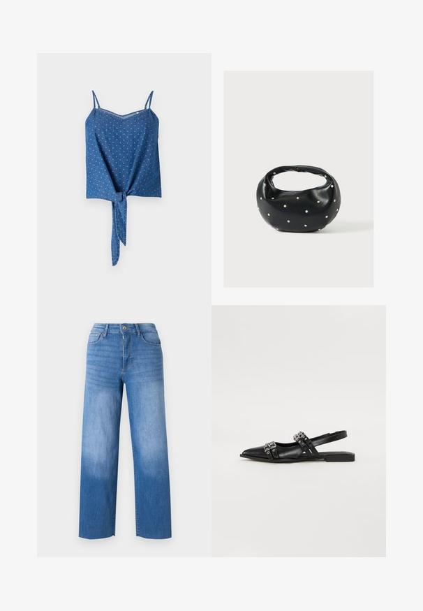 Haut en denim bleu avec des bretelles spaghetti ajustables, en tissu texturé, décolleté en V et détail de devant noué. Présente un motif à pois discret.; Jean en denim bleu clair à jambe large, avec cinq poches, un zip sur le devant et un léger délavage sur les cuisses. Finitions propres.; Even&Odd by Zalando Ballerines à brides arrière - black; Sac à main en cuir noir de forme arrondie, décoré de clous argentés et équipé d'une poignée courte. Texture lisse et fermeture éclair.