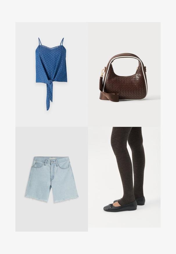 Top de denim azul con tirantes de espagueti ajustables, tejido texturizado, escote en V y detalle de nudo en la parte delantera. Presenta un sutil patrón de puntos.; Pantalones cortos de mezclilla azul claro con dobladillo deshilachado, cuatro bolsillos y cremallera; presentan un sutil desgastado y herrajes de tono plateado.; Piernas con leggings oscuros acanalados combinados con bailarinas negras que presentan pequeños detalles de lazo sobre un fondo blanco.; Bolso de mano de piel trenzada marrón con ribete blanco, cremallera dorada y correa de hombro de tela marrón desmontable.