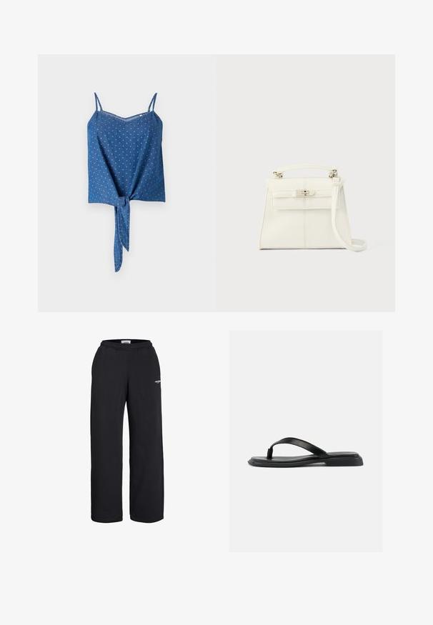 Bluse aus blauem Denim mit verstellbaren Spaghetti-Trägern, strukturiertem Stoff, V-Ausschnitt und gebundenem Vorderteil. Mit einem dezenten Punktemuster.; Schwarze Sweatpants mit geradem Bein, elastischem Bund und kleinem weißem Logo am oberen Oberschenkel, entworfen für den lässigen Gebrauch.; Schwarze flache Zehensandale mit strukturiertem Riemen und leicht erhöhtem Absatz, seitlich auf hellem Hintergrund gezeigt.; Weiße Lederhandtasche mit klarer Form, oberem Griff, abnehmbarem Schulterriemen und silberner Verschlussklemme. Glatte Textur, minimalistisches Design.