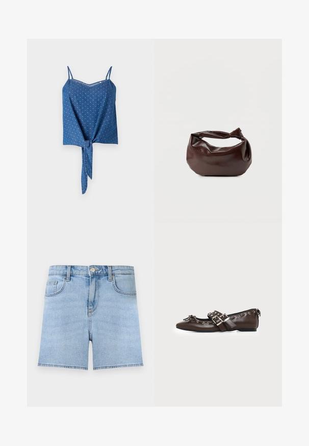 Haut en denim bleu avec des bretelles spaghetti ajustables, en tissu texturé, décolleté en V et détail de devant noué. Présente un motif à pois discret.; Short en jean bleu clair avec bouton à l'avant, fermeture éclair, passants de ceinture et design cinq poches sur un fond uni.; Chaussure plate en cuir marron foncé avec bout pointu, doubles brides à boucles argentées, œillets métalliques et nœud décoratif à l'avant.; Sac bandoulière en cuir marron foncé avec une forme souple et décontractée et une anse nouée torsadée sur un fond blanc uni.