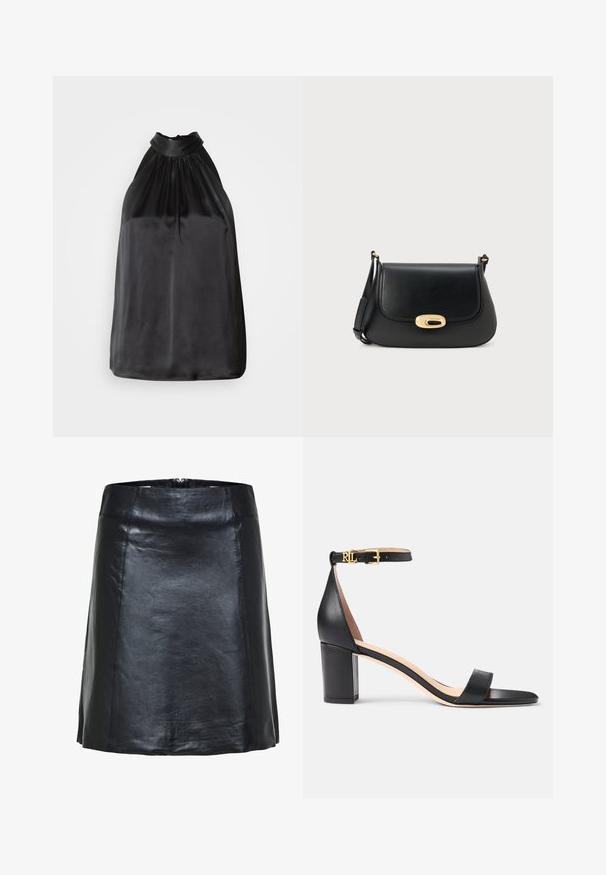 Top à col halter en satin noir avec du tissu froncé au niveau de l'encolure et un design fluide et lisse. Ourlet droit sans motifs ni accents visibles.; Jupe trapèze en cuir noir avec coutures apparentes et léger éclat, avec une taille haute et un ourlet court.; Lauren Ralph Lauren LOGAN BURNISHED LEATHER SANDAL - Sandales - black; Sac à bandoulière en cuir noir avec un design à rabat, fermoir ovale doré et bandoulière ajustable. Texture lisse et style minimaliste.