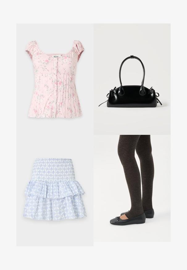 Blouse courte à manches courtes florale rose clair avec boutons sur le devant, encolure carrée, manches froncées et détails plissés à l'avant.; Jupe blanche avec motif floral géométrique bleu, taille smockée et design à volants superposés.; Jambes portant des leggings côtelés foncés associés à des ballerines noires avec de petits détails en nœud sur fond blanc.; Petit sac à main noir brillant avec deux longues anses et des détails à cordon sur les côtés sur un fond clair uni.