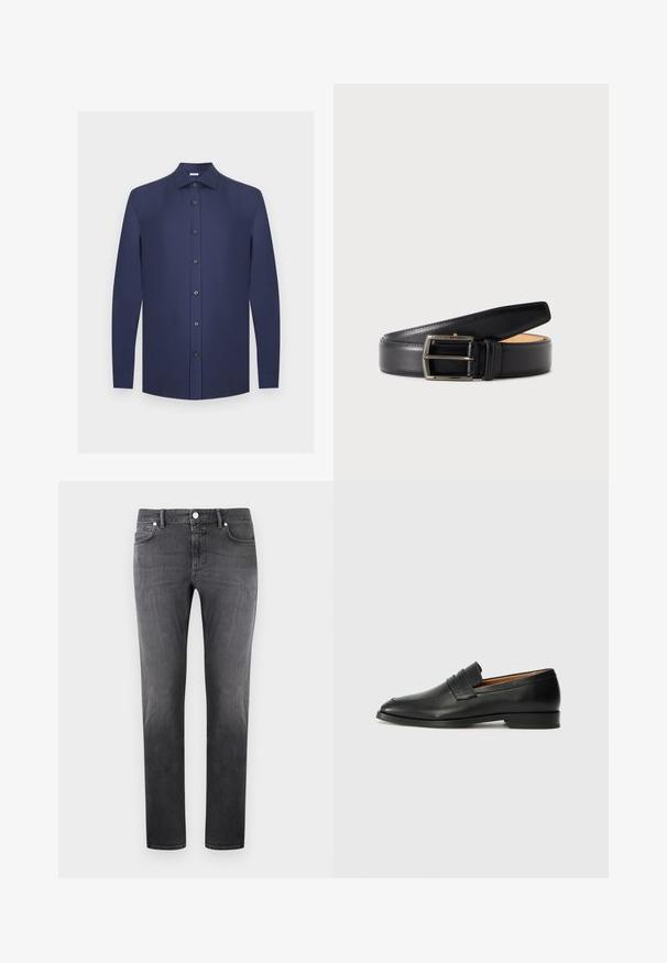 Chemise habillée bleu marine à manches longues avec un col classique et sept boutons sur le devant, présentée sur un fond gris clair.; Jean denim gris slim pour hommes, avec bouton et fermeture éclair à l'avant, style cinq poches, présenté à plat sur un fond clair.; Mocassin en cuir noir avec un bout arrondi, des coutures subtiles et un talon bas, présentant une texture lisse et un design minimaliste.; Ceinture en cuir noir avec boucle rectangulaire argentée enroulée sur un fond clair uni.