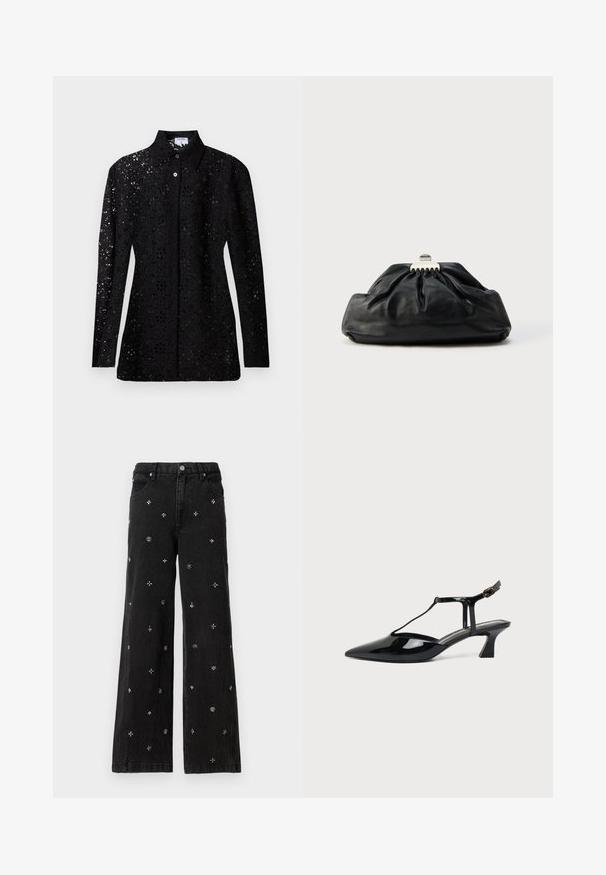 Blusa negra de encaje de manga larga con patrón floral calado, parte delantera con botones y cuello puntiagudo, mostrada sobre fondo liso.; Jeans anchos negros de mezclilla que presentan intrincadas cuentas plateadas y bordados en patrones florales y geométricos por todo su diseño.; Zapato slingback de cuero charol negro con punta fina, tira en T y tacón bajo en bloque inclinado sobre fondo blanco.; Bolso de mano de cuero negro con textura recogida, cierre de broche metálico y logo en relieve sutil en el frente. Forma redondeada.