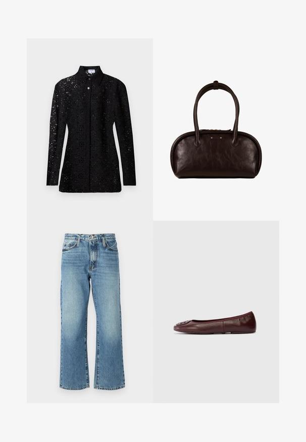 Blouse noire en dentelle à manches longues avec motif floral découpé, boutonnée sur le devant, avec col pointu, présentée sur fond uni.; Jeans en denim bleu clair avec une coupe large, cinq poches et une fermeture à bouton. Le tissu présente un léger délavage et une texture classique.; Ballerines en cuir bordeaux avec bout rond et accent en logo texturé sur le devant. Design sans couture et surface lisse. Semelle plate.; Sac à main en cuir marron foncé avec des bords supérieurs arrondis, deux longues poignées et une petite plaque logo rectangulaire à l'avant.