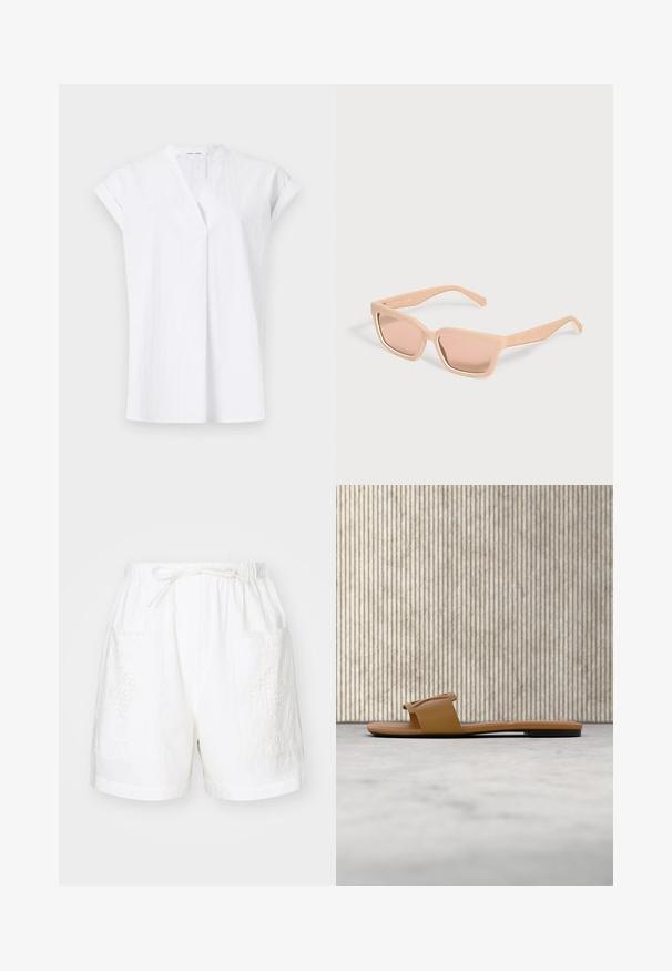 Top blanco de manga corta con diseño de cuello en V, que presenta pliegues frontales y una tela ligera y texturizada. Estilo minimalista y contemporáneo.; Pantalones cortos de algodón blancos con una cintura elástica, cordón de ajuste y dos bolsillos delanteros que presentan intrincados diseños bordados.; Sandalia deslizante marrón de Calvin Klein con logo recortado en la tira, descansando sobre una alfombra clara cerca de patas de muebles translúcidas color ámbar.; Gafas de sol rectangulares color melocotón claro con montura gruesa y lentes tintadas a juego sobre un fondo claro y liso.