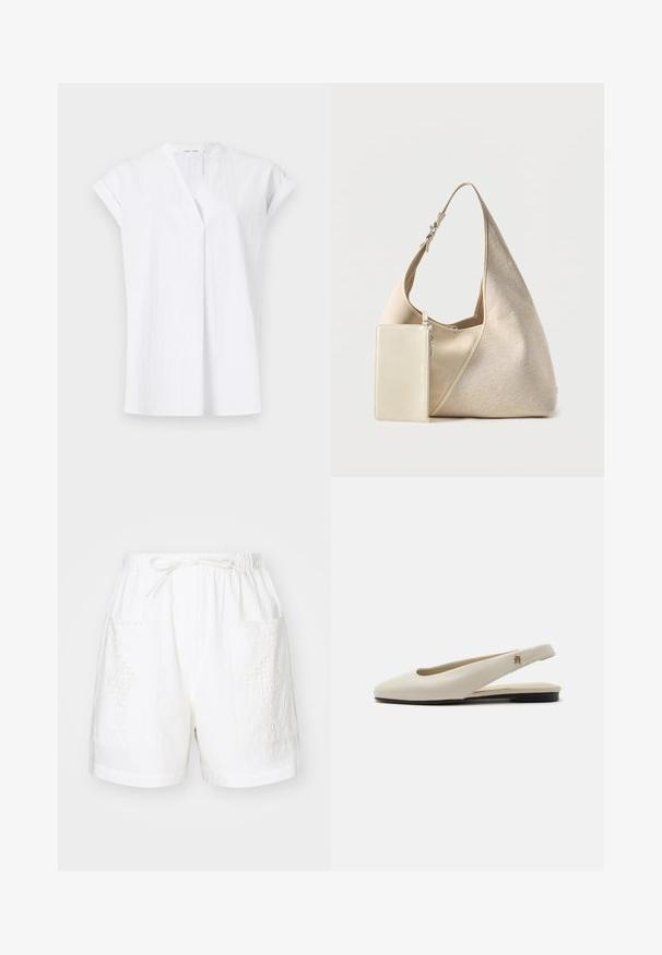 Weißes Kurzarmoberteil mit V-Ausschnitt, das mit Vorderfalten und einem leichten, strukturierten Stoff versehen ist. Minimalistischer und zeitgemäßer Stil.; Weiße Baumwollkurzshorts mit einem elastischen Bund, Kordelzug und zwei vorderen Taschen, die mit komplizierten Stickereien verziert sind.; cremefarbiger Lederslingback-Flachschuh mit rundem Zehenbereich und kleinem goldfarbenem Emblem am Riemen.; Beige Stoff-Hobo-Tasche mit verstellbarem Riemen und angebrachtem kleinem rechteckigem Reißverschlussfach in passender Farbe.