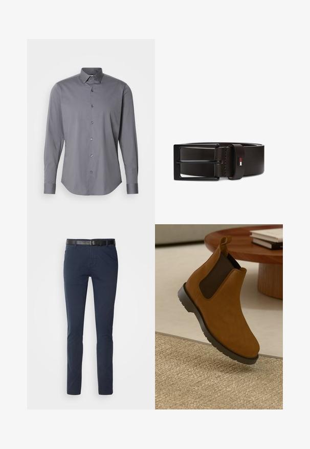 Chemise à manches longues grise à boutons, fabriquée en coton lisse. Comporte un col classique et un ourlet arrondi avec six boutons foncés sur le devant.; Pantalons en coton bleu marine avec une coupe ajustée, dotés d'une ceinture en cuir noir texturé et de poches classiques. Design épuré, sans motifs.; Botte Chelsea en cuir marron avec des panneaux latéraux élastiques noirs, un bout arrondi, une semelle en caoutchouc texturée et une petite languette à l'arrière.; Ceinture en cuir marron foncé avec boucle rectangulaire en métal noir et petit logo rectangulaire rouge, blanc et noir sur la boucle en cuir.