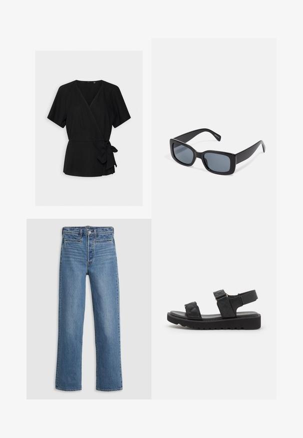 Vero Moda VMMYMILO WIDE WRAP - T-shirts print - black; Lys blå, lige ben jeans lavet af denim. Funktioner inkluderer en knaplukning, fem lommer og diskret slid. Ingen udsmykninger eller mønstre.; Sorte platform sandaler med quiltede stropper, åben tå og justerbar ankelrem. Tekstureret gummisål med zigzag mønster for godt greb.; Sorte rektangulære solbriller med mørkt tonede linser, tyk plastramme og brede stænger. Glat overflade og kantet design.