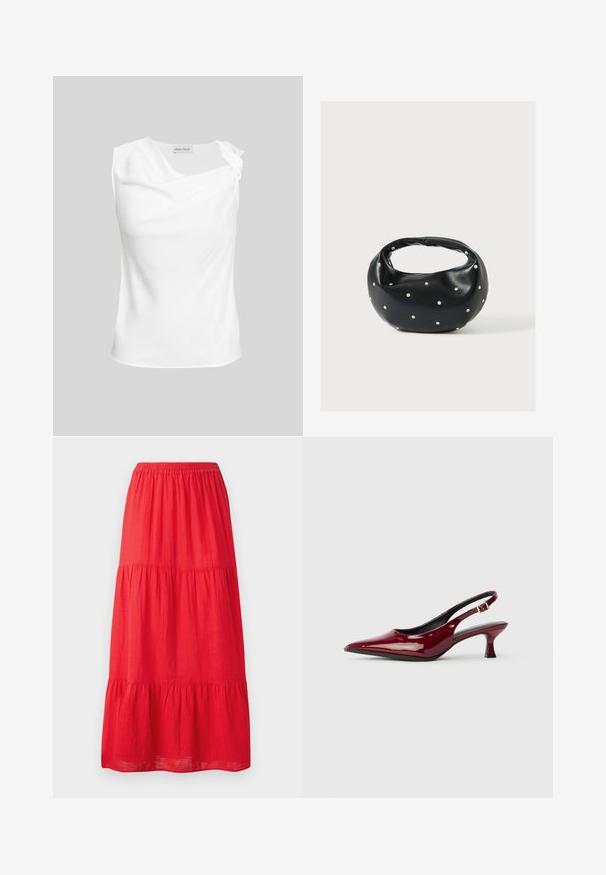Ärmellose weiße Bluse mit drapiertem Ausschnitt und kleinem Stoffblumendetail auf der rechten Schulter, dargestellt vor neutralem Hintergrund.; Roter Baumwoll-Maxikleid mit einem elastischen Taillenbund, der drei abgestufte Rüschenschichten aufweist und eine glatte Textur hat. Einfaches Design ohne sichtbare Muster.; Burgunderfarbene Lackleder Slingback-Absätze mit spitzem Zehenbereich und schlankem Stiletto-Absatz. Offenes Rückendesign mit verstellbarem Knöchelriemen.; Schwarze Lederhandtasche mit abgerundeter Form, verziert mit silbernen Nietenakzenten und kurzem Griff. Glatte Struktur und Reißverschlussverschluss.