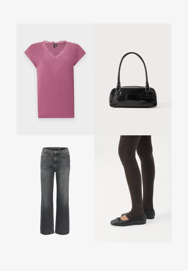 Top rosa de manga corta hecho de tela suave con escote en V y ribete de encaje alrededor del escote. Textura lisa y ajuste holgado.; Jeans de pierna ancha en denim gris oscuro, que cuentan con un diseño clásico de cinco bolsillos, detalles de costura y un cierre de botón en la cintura.; Piernas con leggings oscuros acanalados combinados con bailarinas negras que presentan pequeños detalles de lazo sobre un fondo blanco.; Bolso de mano de cuero negro con forma rectangular, equipado con un asa estructurada, herrajes en plata y cierre de cremallera. Textura suave.