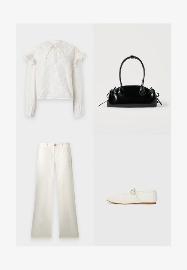 Blouse blanche à manches longues avec broderie œillets, épaules à volants, encolure fendue avec lien, et poignets élastiques.; Pantalon blanc à jambes droites avec poches avant, passants pour ceinture et fermeture à bouton avec détails de coutures roses.; Chaussure plate synthétique blanche avec texture en maille, bout pointu et une sangle sur le côté avec un accent rond. Talon bas et semelle flexible.; Petit sac à main noir brillant avec deux longues anses et des détails à cordon sur les côtés sur un fond clair uni.