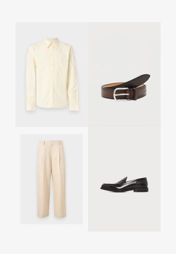 Chemise à manches longues en coton doux de couleur jaune clair. Elle présente un col pointu, une fermeture à boutons à l'avant et un détail brodé subtil sur la poitrine.; Pantalon en lin beige taille haute, coupe droite, avec passants de ceinture et un pli frontal sur un fond uni.; Mocassin pour homme en cuir noir, sans lacets, avec petit talon et coutures décoratives à l'avant et sur les côtés, sur fond blanc.; Ceinture en cuir marron foncé roulée avec une boucle rectangulaire argentée sur fond blanc.