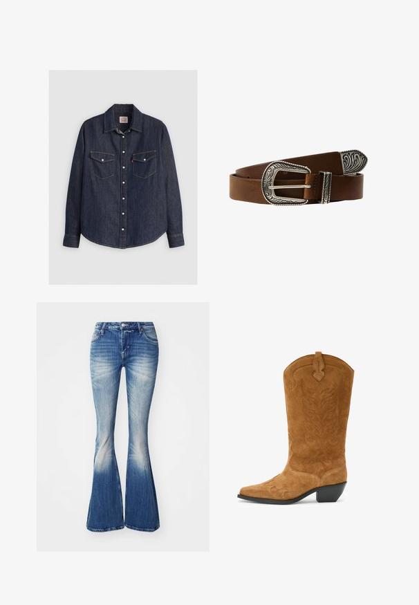 Donkerblauwe denim overhemd met lange mouwen, kraag met knopen aan de voorkant, twee borstzakken met kleppen en contrasterende gele stiksels.; Blauwe flared jeans van denim met een vervaagde wassing. Kenmerken zijn een aansluitende taille, een vijf-pocket ontwerp en een lichte slijtage aan de zoom.; Bruine suède cowboylaars met een spitse neus, gebogen bovenrand, decoratieve stiksels en een lage gestapelde hak. Geweven oppervlak heeft bloemenpatronen.; Bruine leren riem met een sierlijke zilveren gesp met gegraveerde ontwerpen. Het leder heeft een gladde textuur met een gepolijste afwerking.