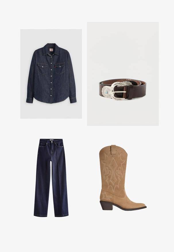 Dunkelblaues Denim-Hemd mit langen Ärmeln, knöpfbarem Frontverschluss, zwei Brusttaschen mit Klappen und kontrastierendem gelben Stich.; Dunkelblaue Jeans mit weitem Bein, vorne Knopf und Reißverschluss, fünf Taschen und Kontrastnähten.; Tanfarbene Wildleder-Cowboystiefel mit bestickter dekorativer Naht, mittelhohem gestapeltem Absatz und Zugschlaufe am Schaft.; Brauner Ledergürtel mit einer breiten silbernen Zielfelschnalle, die einen türkisfarbenen Akzent und filigrane Details entlang des Schnallenrands aufweist.