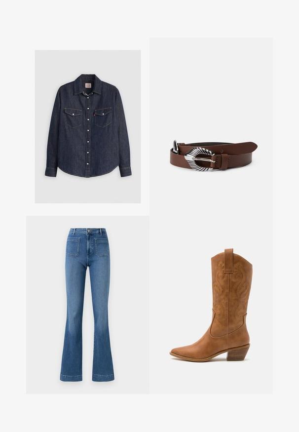 Donkerblauwe denim overhemd met lange mouwen, kraag met knopen aan de voorkant, twee borstzakken met kleppen en contrasterende gele stiksels.; Gelaste blauwe spijkerbroeken van denim met een middellange taille, voorzien van twee achterzakken en een schone zoom. Soepele textuur en klassiek ontwerp.; Tan leren cowboylaars met puntige neus, geborduurde spiraalpatronen op de schacht en een gestapelde blokhak. Voorzien van een trekband voor gemakkelijke aan- en uittrekken.; Bruine leren riem met een brede, getextureerde zilveren gesp. De riem heeft een gladde afwerking en heeft meerdere aanpassingsgaten.