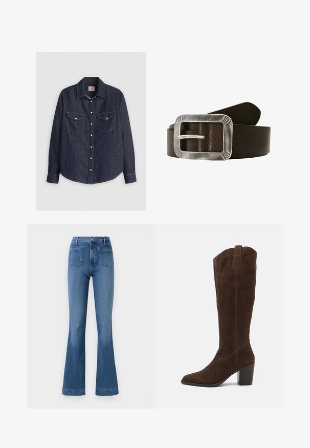 Chemise en denim bleu foncé à manches longues, avec un devant à boutons, deux poches poitrine avec rabats et des coutures jaunes contrastantes.; Jean évasé en denim de couleur bleue avec une taille mi-haute, comportant deux poches arrière et un ourlet net. Texture lisse et design classique.; Anna Field by Zalando LEATHER - Bottes à talons hauts - brown; Ceinture en cuir marron avec une boucle rectangulaire en métal argenté présentant un bord texturé et une seule ardillon pour le maintien.